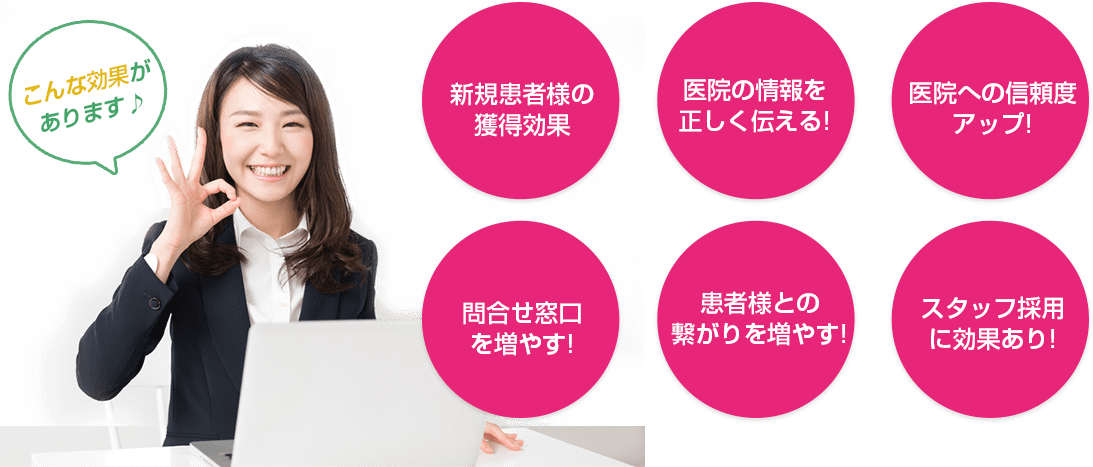 新規患者様の獲得効果!医院の情報を正しく伝える!医院への信頼度アップ!問合せ窓口を増やす!患者様との繋がりを増やす!スタッフ採用に効果あり!