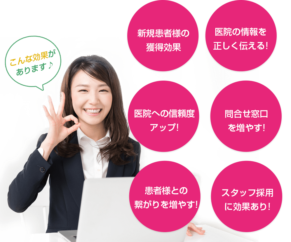 新規患者様の獲得効果!医院の情報を正しく伝える!医院への信頼度アップ!問合せ窓口を増やす!患者様との繋がりを増やす!スタッフ採用に効果あり!